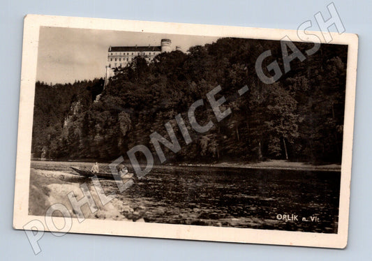 Pohlednice Orlík n. Vlt. zámek s lodí 1947 (M31116)