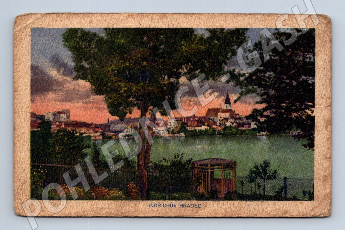 Pohlednice Jindřichův Hradec panorama města s kostelem 1918 (M31127)