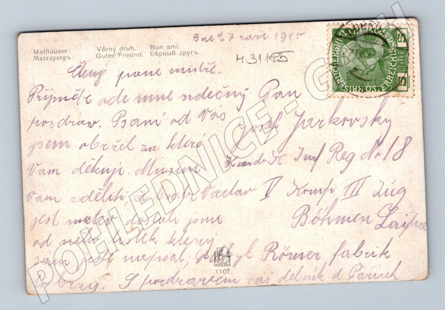 Pohlednice válečný motiv voják kůň 1915 (M31185)