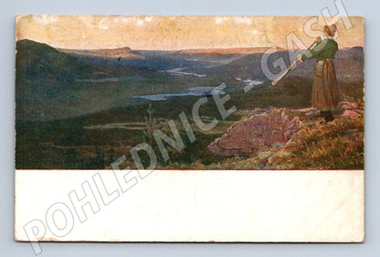 Pohlednice Skandinavie Horská krajina s ženou (M31198)