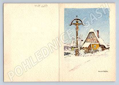 Pohlednice zimní krajina s křížem novoroční 1942 (M31229)