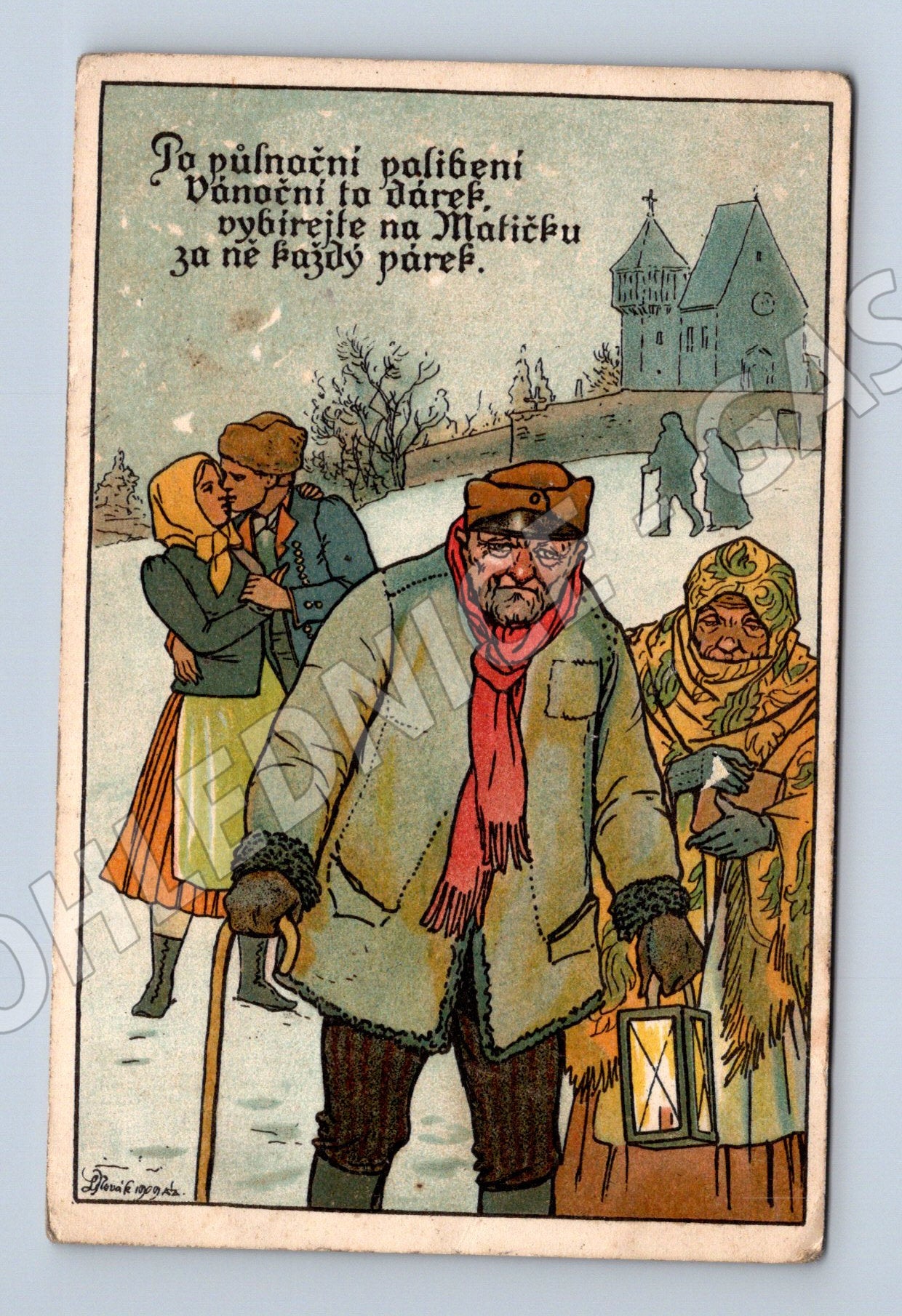 Pohlednice Vánoční zimní scéna tradiční oblečení 1909 (M31237)