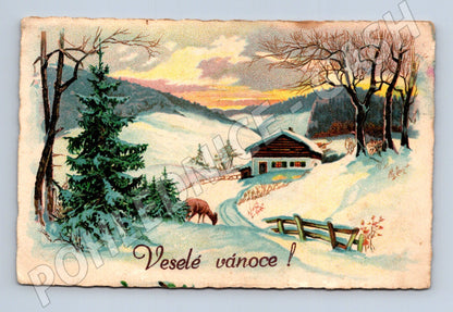 Pohlednice Vánoce zimní krajina chalupa (M31242)