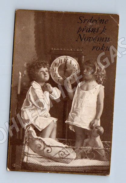 Pohlednice Novoroční přání děti s hodinami 1915 (M31249)