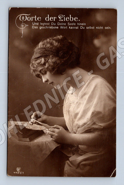 Pohlednice Německo mladá žena romantický motiv 1914 (M31259)