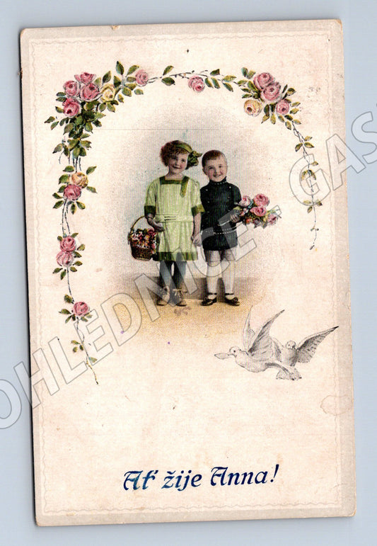 Pohlednice Mariánské Hory děti a holubice 1908 (M31274)