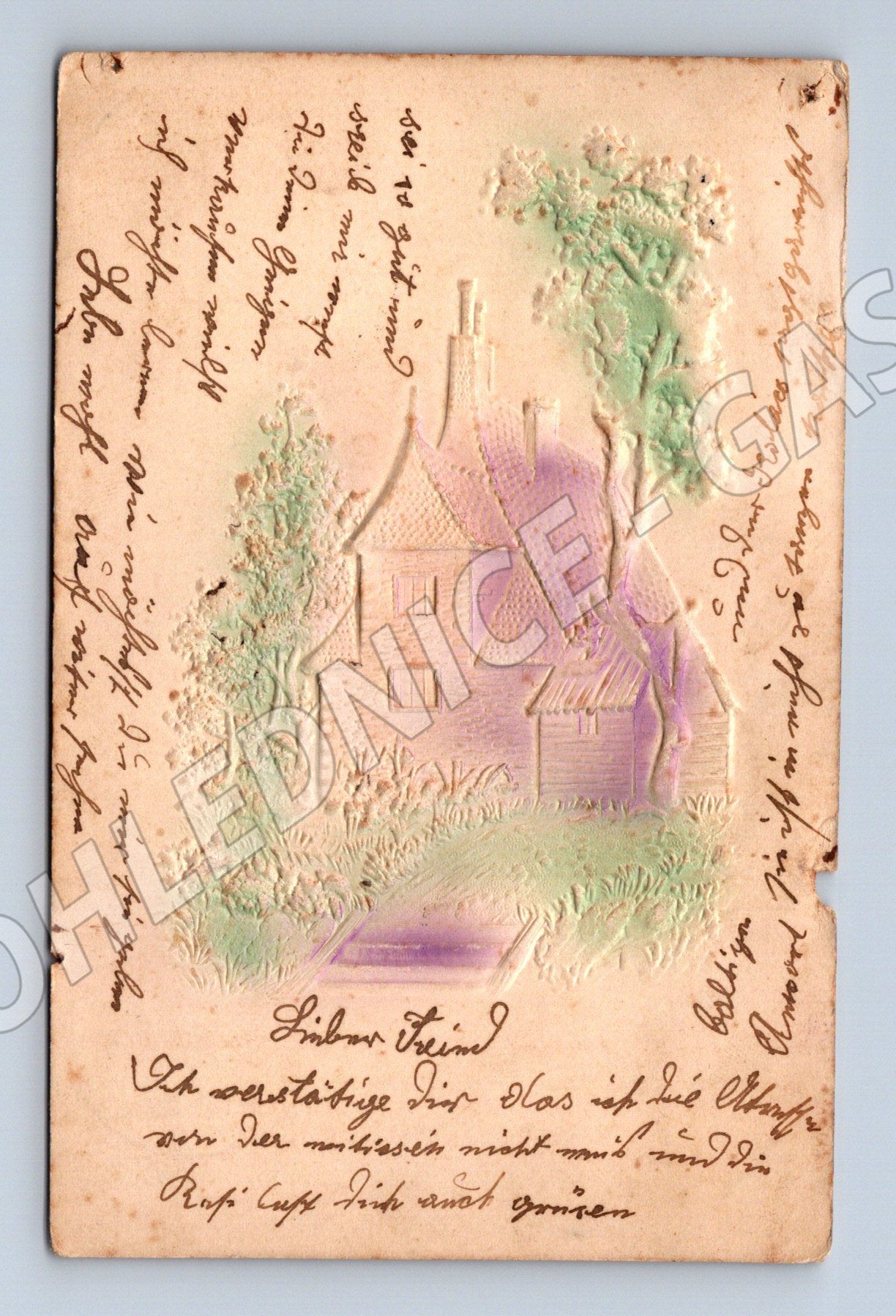 Pohlednice Maďarsko dom s reliéfem a stromy 1913 (M31278)