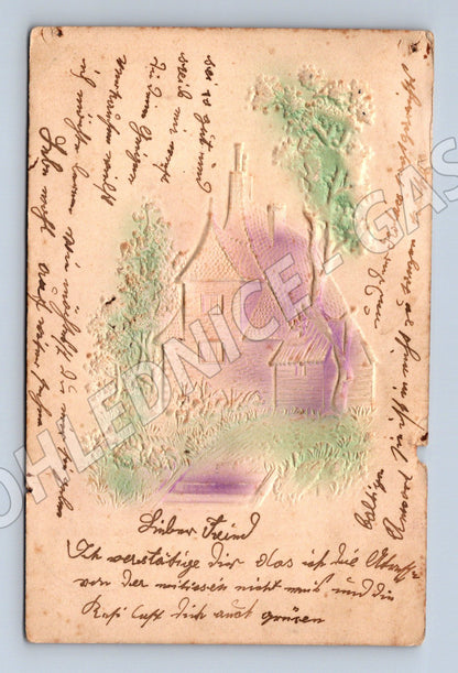 Pohlednice Maďarsko dom s reliéfem a stromy 1913 (M31278)