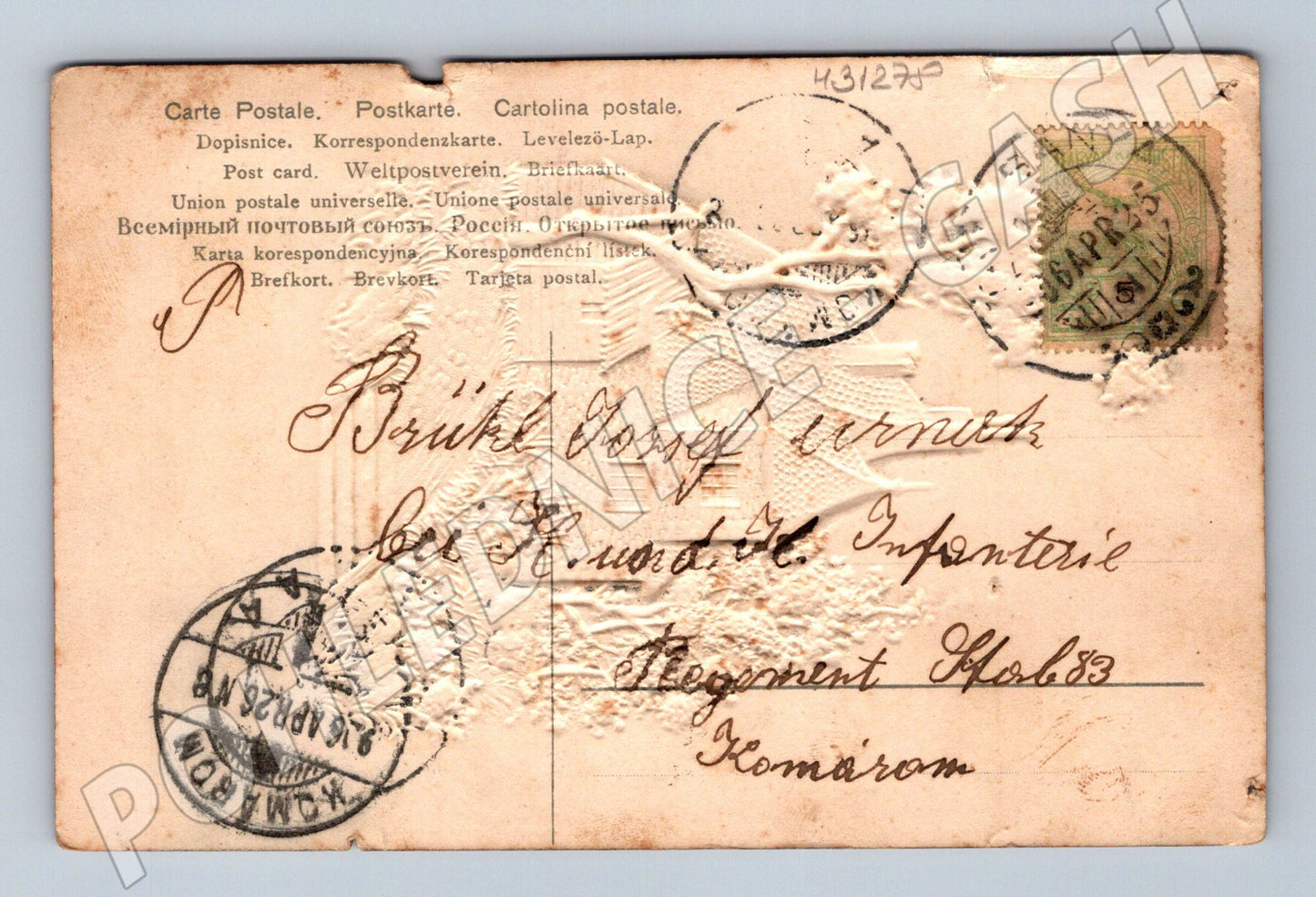 Pohlednice Maďarsko dom s reliéfem a stromy 1913 (M31278)