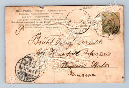 Pohlednice Maďarsko dom s reliéfem a stromy 1913 (M31278)