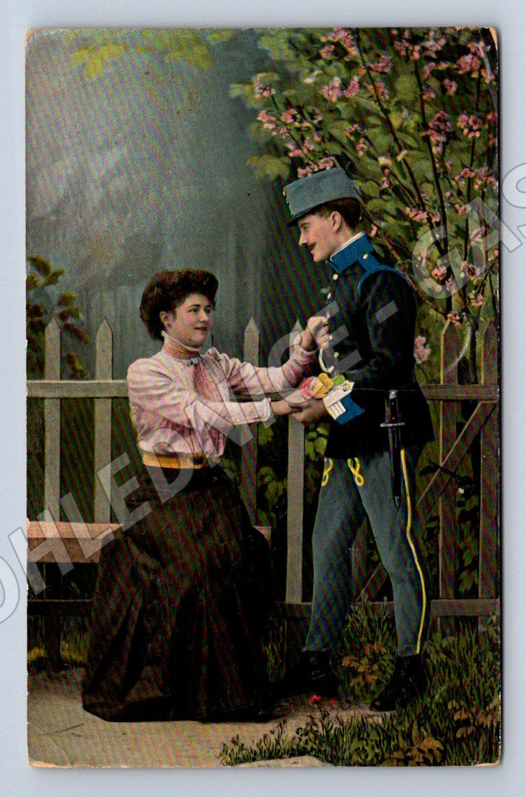 Postcard soldier and girl 1908 romance (M3138)