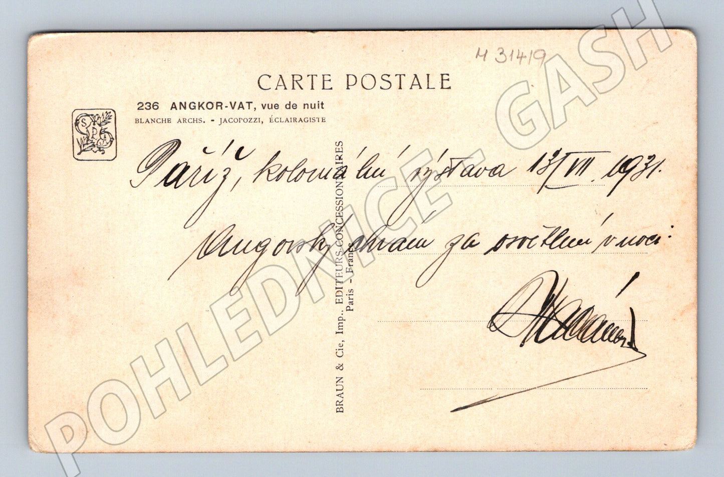 Pohlednice Kambodža Angkor-Vat v noci 1931 (M31419)