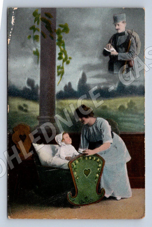 Postcard rural scene woman child and man (M3144)