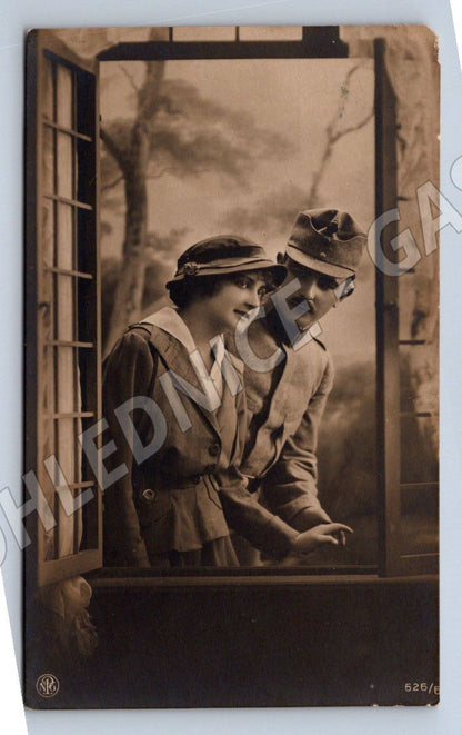 Postcard couple in uniforms at the window portrait (M3148)