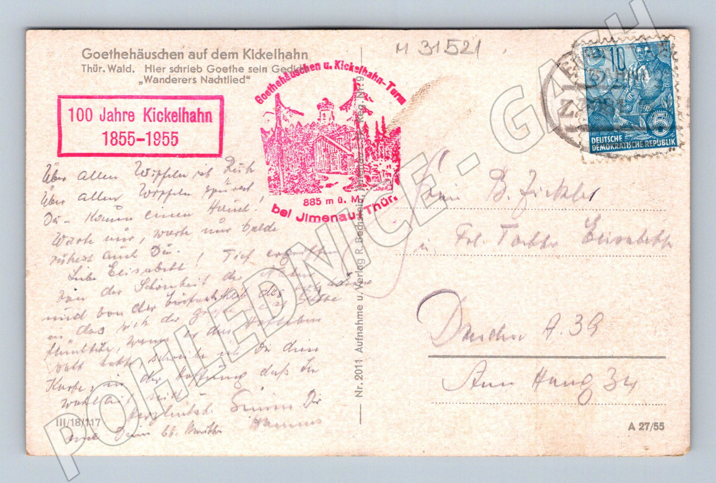 Pohlednice Německo Goethehäuschen Kickelhahn 1955 (M31521)