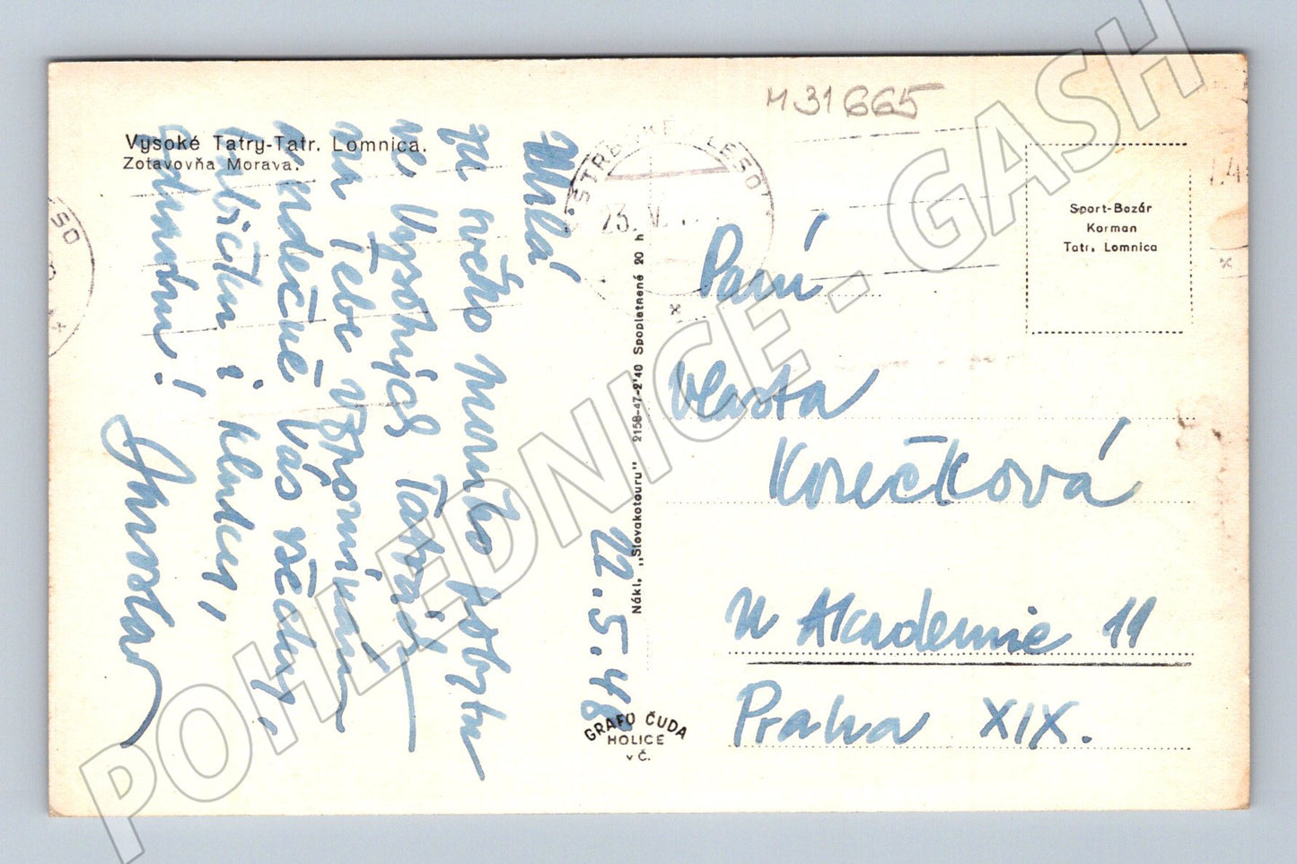 Pohlednice Slovensko Tatr. Lomnica hotel hory 1948 (M31665)