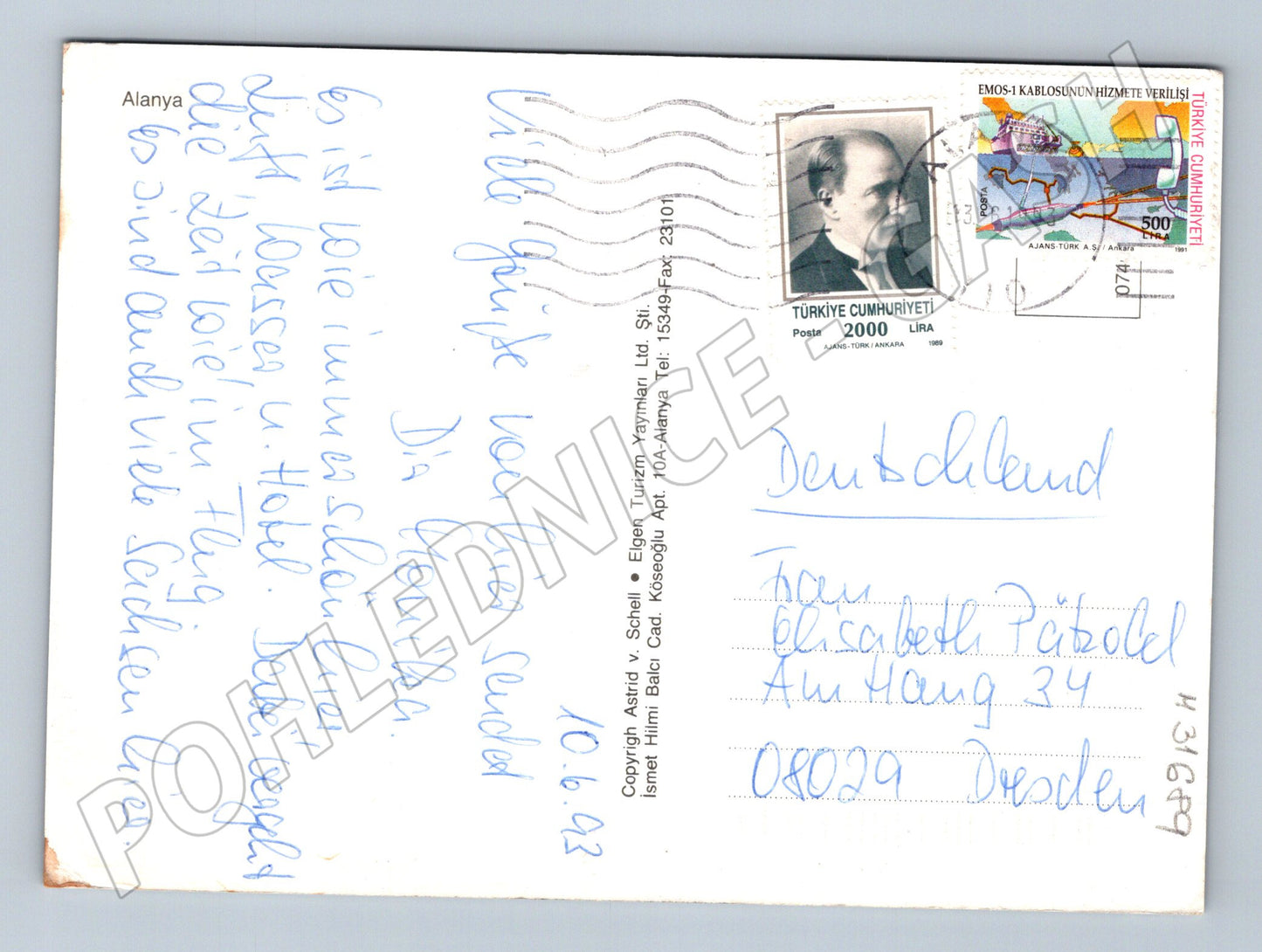 Pohlednice Turecko Alanya pobřeží a hrad 1993 (M31689)