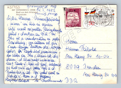 Pohlednice Německo Dormagen-Zons ulice s věží 1982 (M31753)
