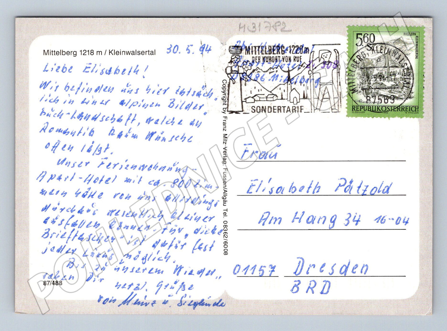 Pohlednice Rakousko Mittelberg Kleinwalsertal 1994 (M31782)