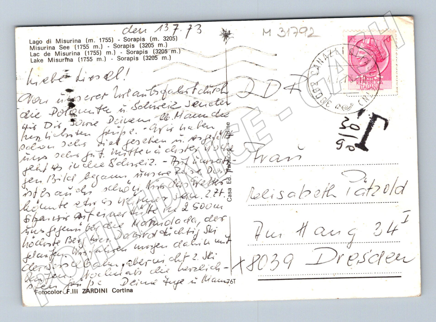 Pohlednice Itálie Misurina jezero a hory 1934 (M31792)