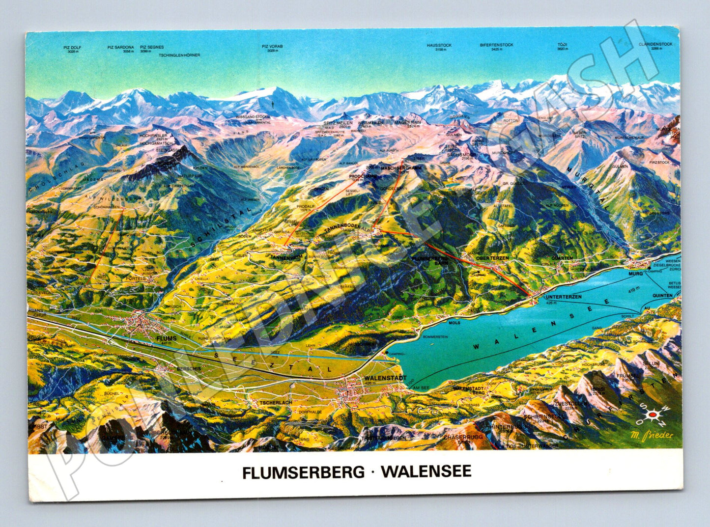 Pohlednice Švýcarsko Flumserberg Walensee mapa 1991 (M31803)