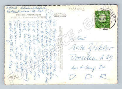 Pohlednice Francie Obernai kašna tradiční kroj 1959 (M31843)