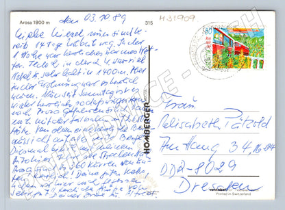 Pohlednice Švýcarsko Arosa jezero hory 1989 (M31909)