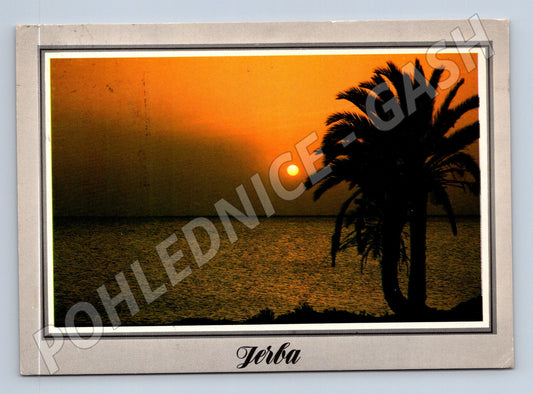 Pohlednice Tunisko Djerba západ slunce s palmami 1992 (M31912)