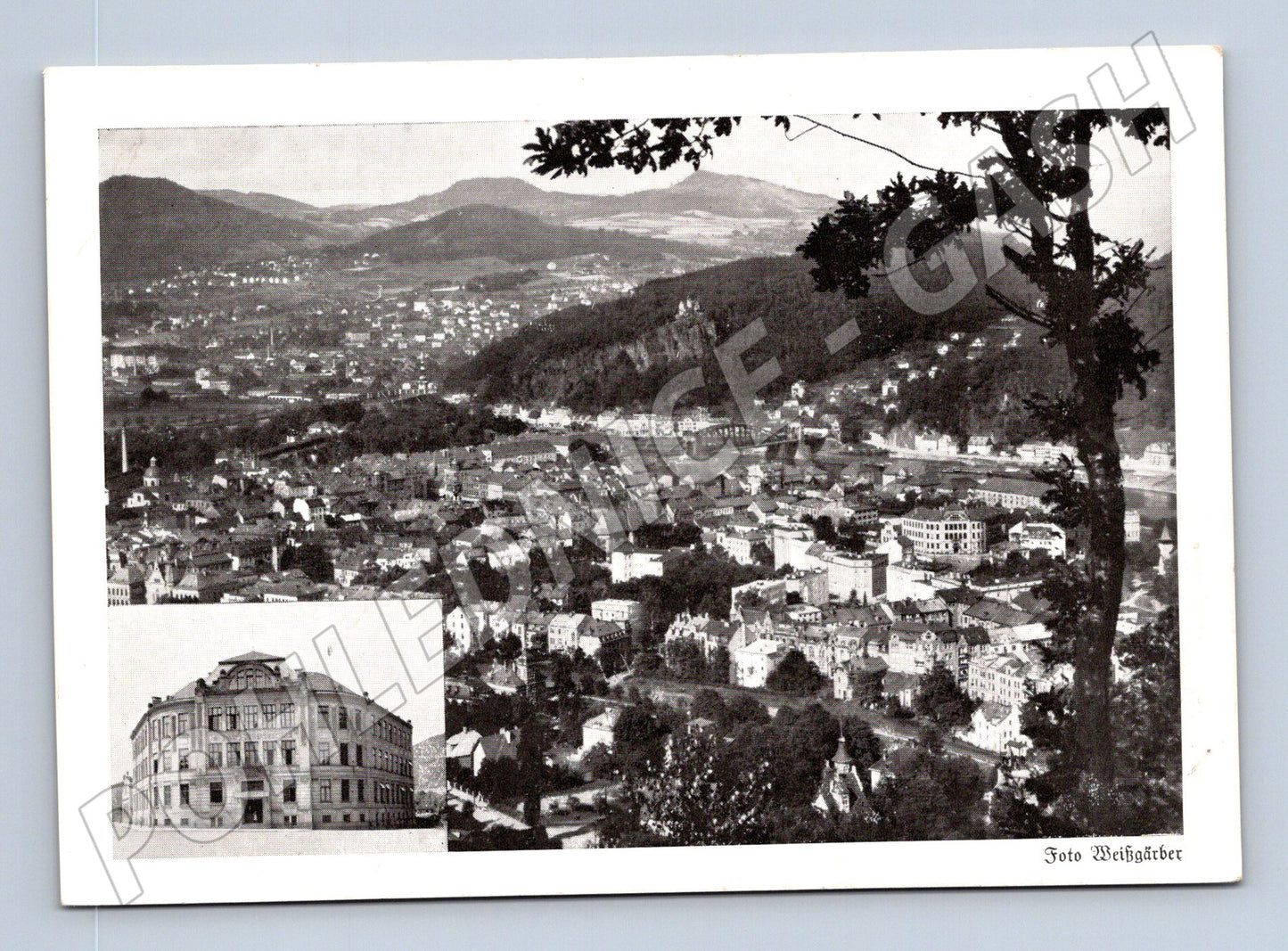 Pohlednice Děčín (Tetschen a. d. Elbe) panorama a škola (M31926)