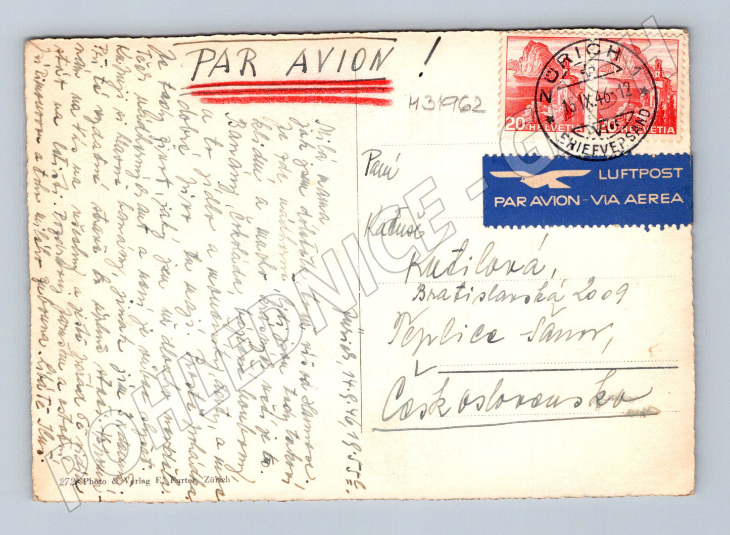 Pohlednice Švýcarsko Curych Alpy 1946 (M31962)