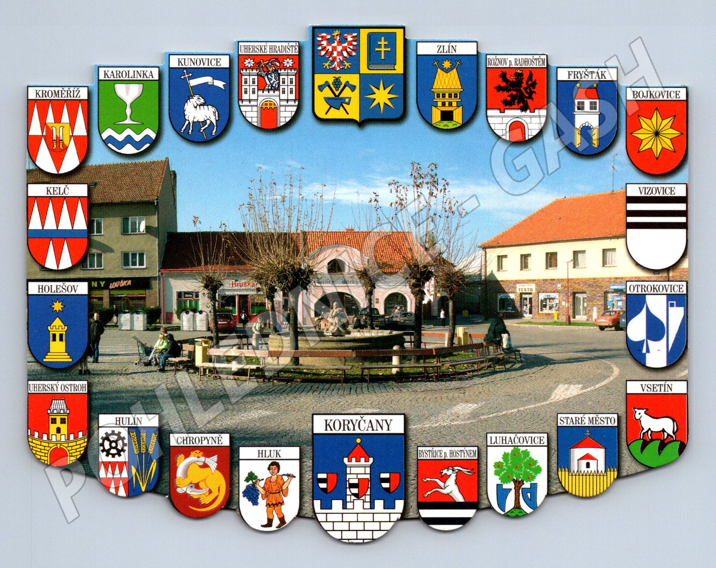 Pohlednice Koryčany náměstí a erby obcí Zlínského kraje (M32057)