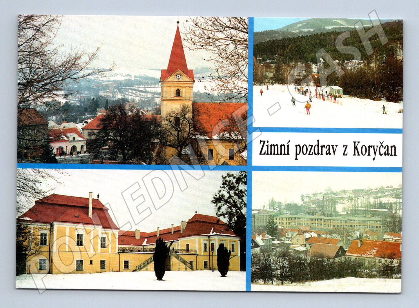 Pohlednice Koryčany zimní motivy, kostel, zámek, lyžování (M32081)