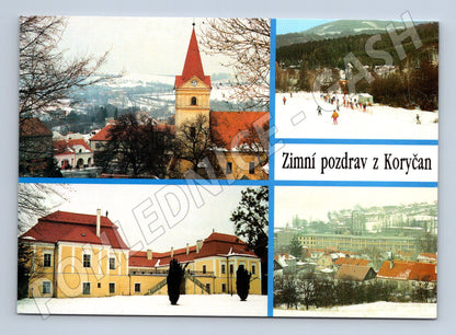 Pohlednice Koryčany zimní motivy, kostel, zámek, lyžování (M32081)