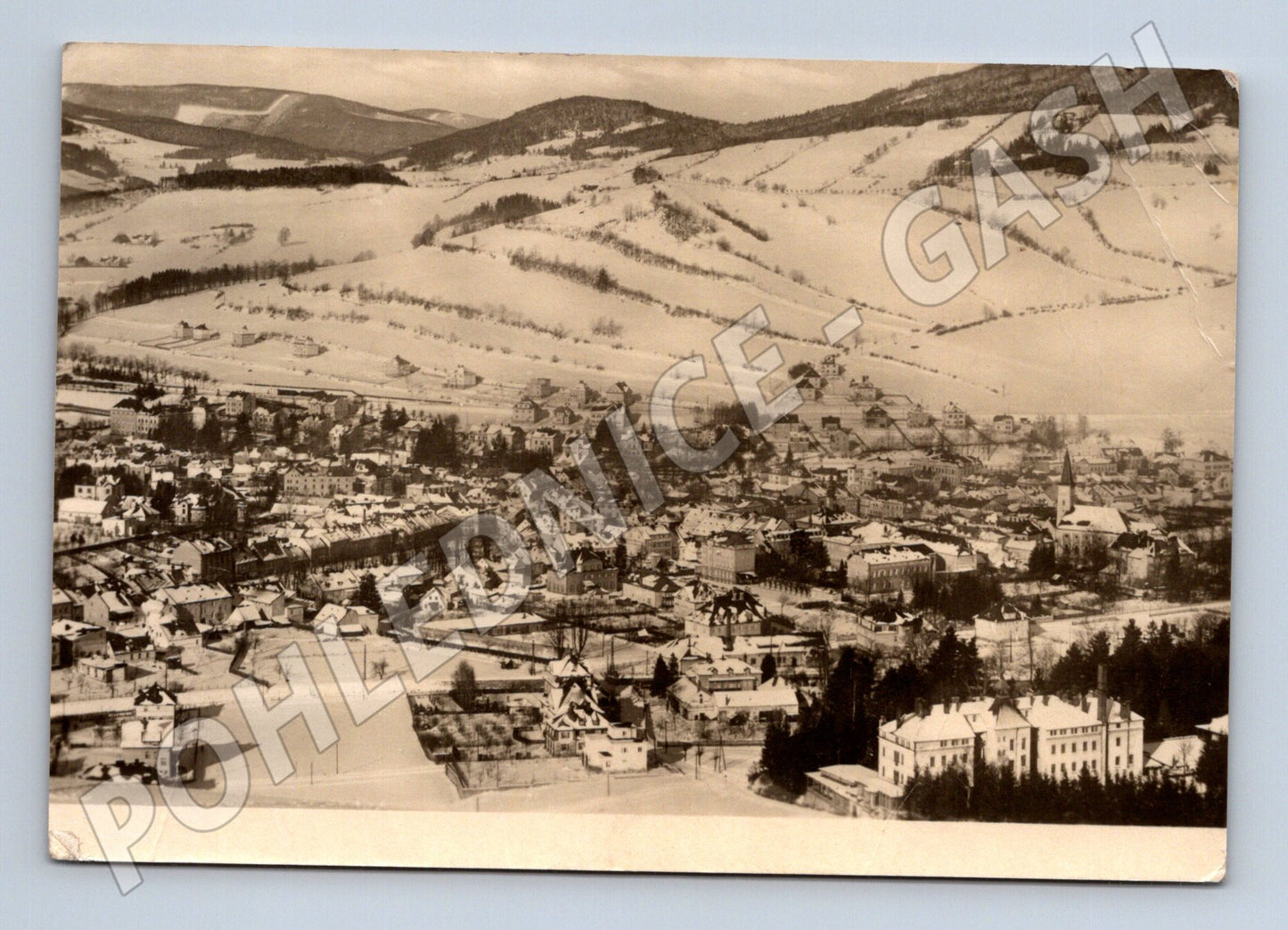Pohlednice Jeseník panorama města zasněžená krajina 1953 (M32107)