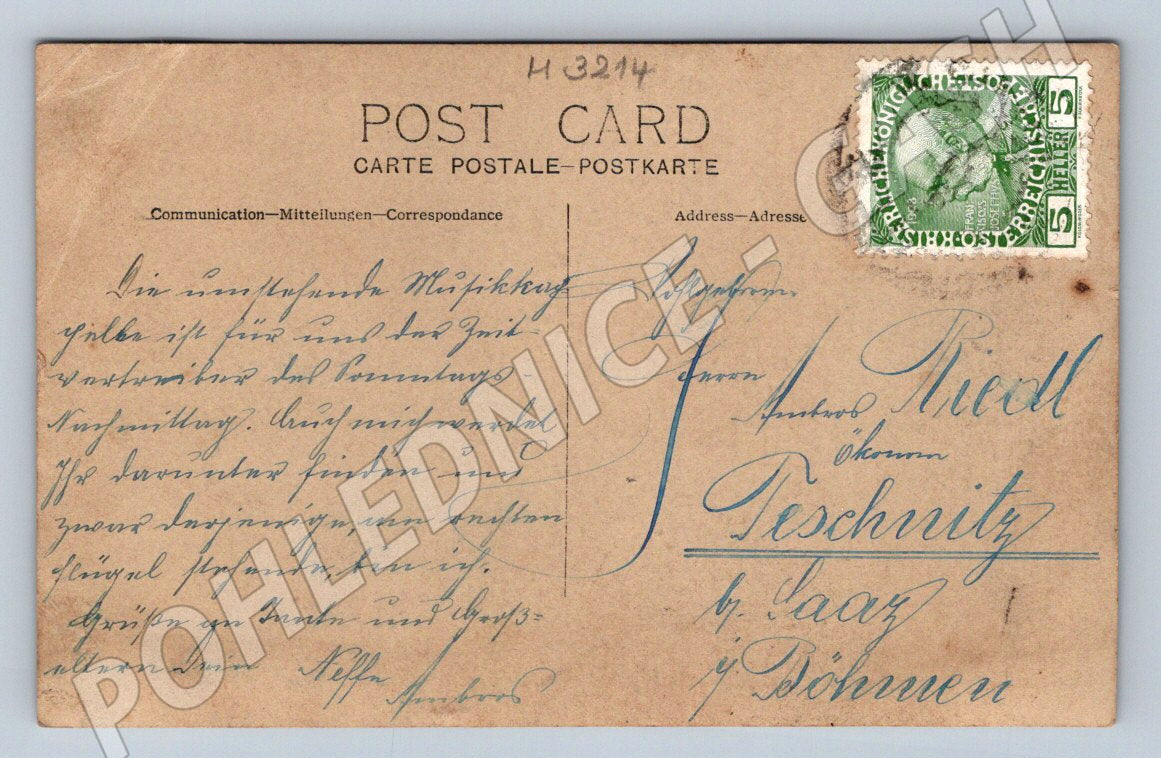 Pohlednice hudební spolek 1914 rakouská známka (M3214)