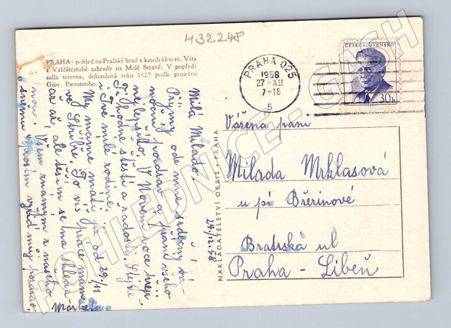 Pohlednice Praha Pražský hrad a Valdštejnské zahrady 1958 (M32248)