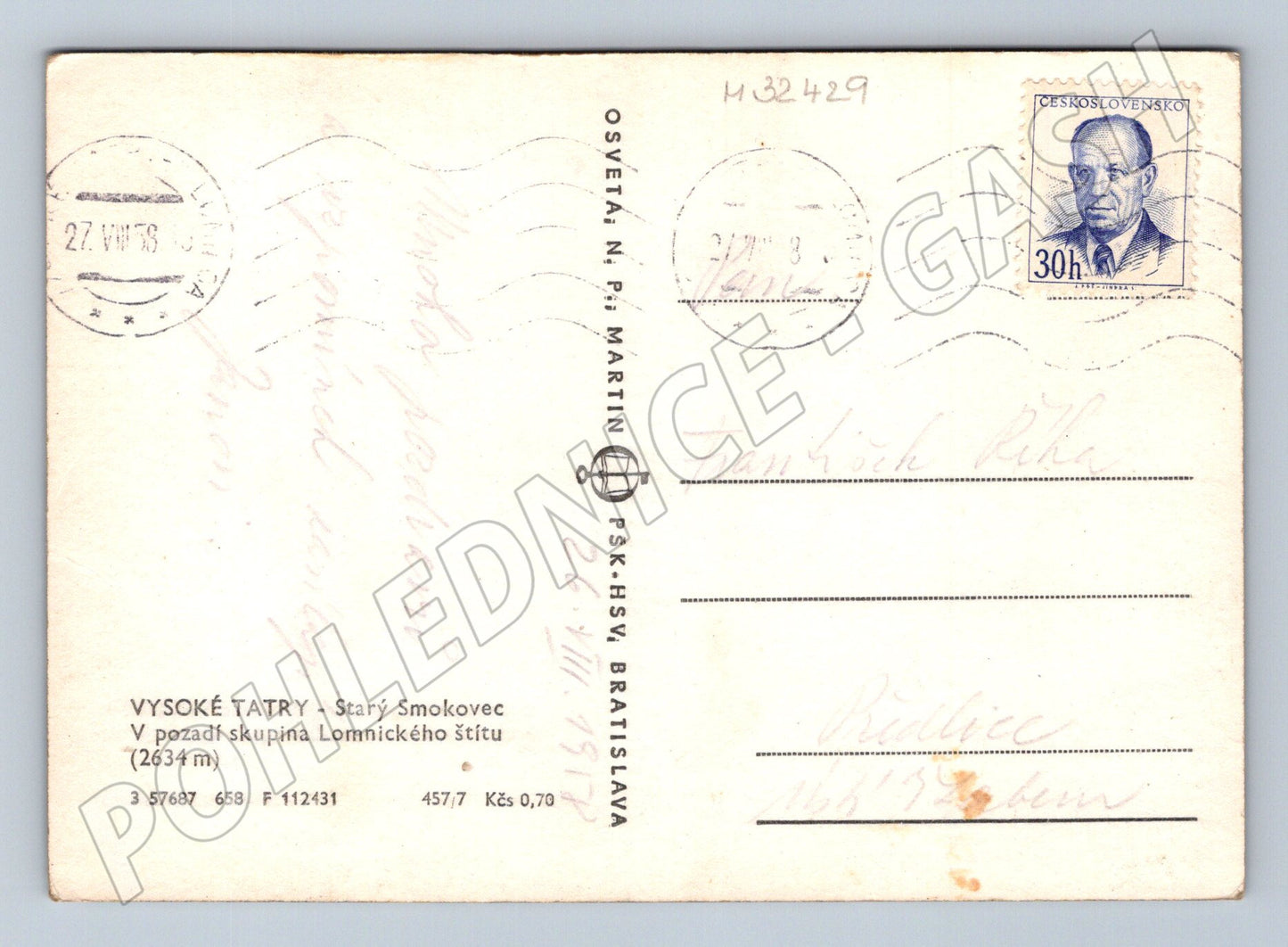 Pohlednice Slovensko Starý Smokovec Lomnický štít 1950 (M32429)
