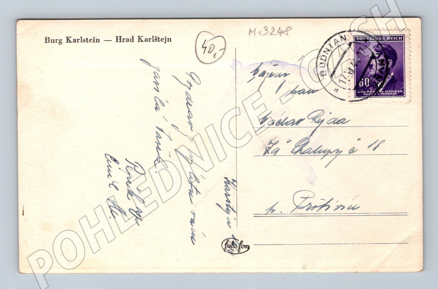 Pohlednice Karlštejn 1941 Protektorát ČM (M3248)