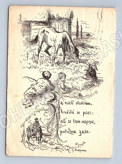 Pohlednice Praha Mikuláš Aleš koňská scéna 1947 (M32504)