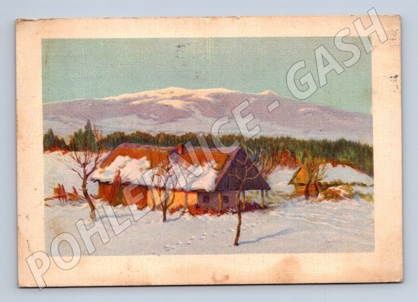 Pohlednice zimní krajina s chalupou 1937 (M32525)
