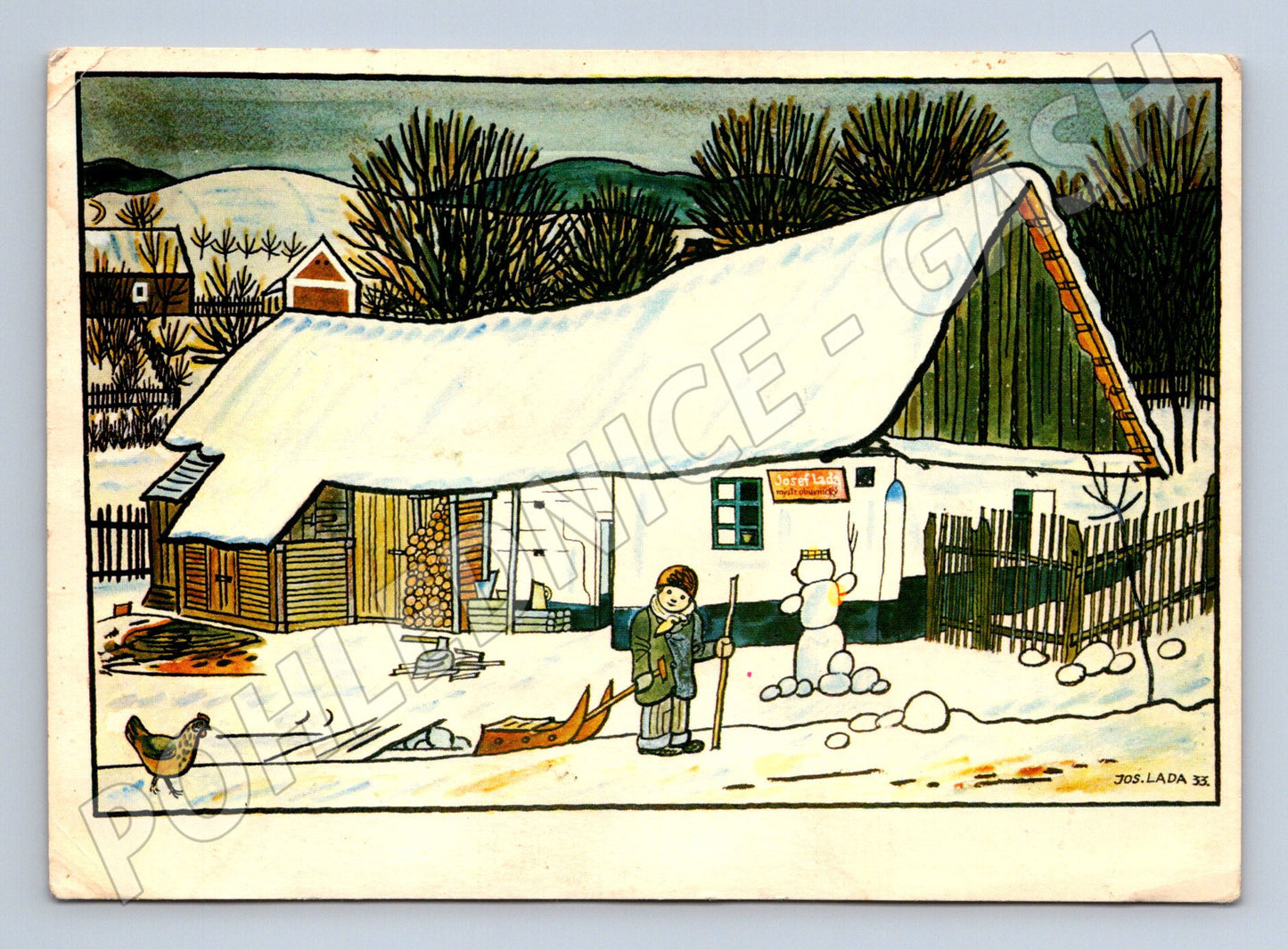 Pohlednice Jos. Lada zimní krajina chalupa 1933 (M32554)