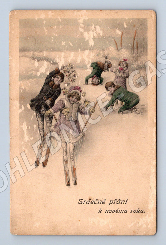 Pohlednice Novoroční přání děti na sněhu 1927 (M32581)