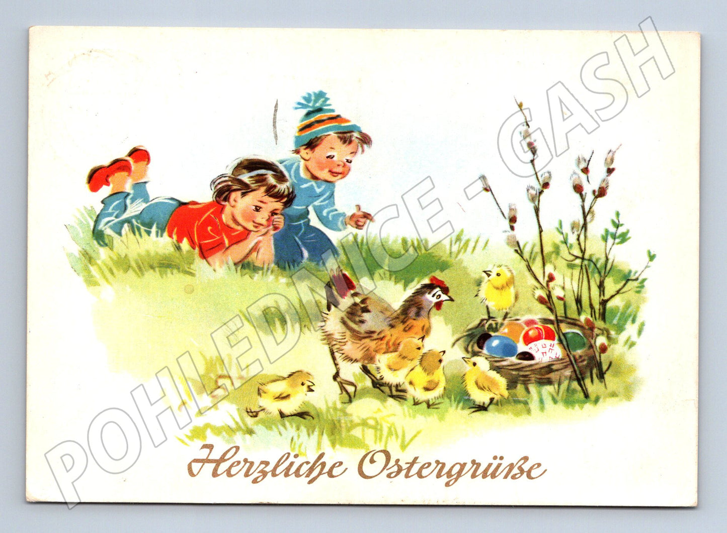 Pohlednice Německo Velikonoce děti kuřata 1961 (M32585)