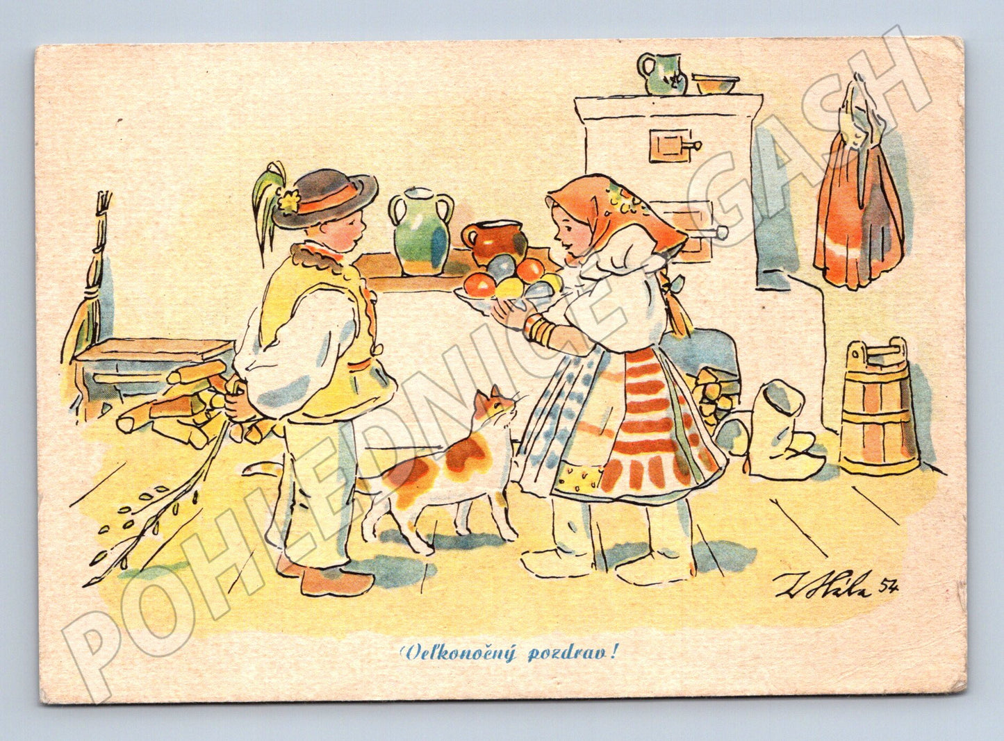 Pohlednice Velikonoce děti v kroji J. Hála 1955 (M32598)