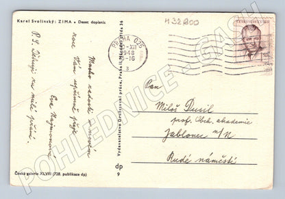 Pohlednice Karel Svolinský folk motiv zima 1948 (M32600)