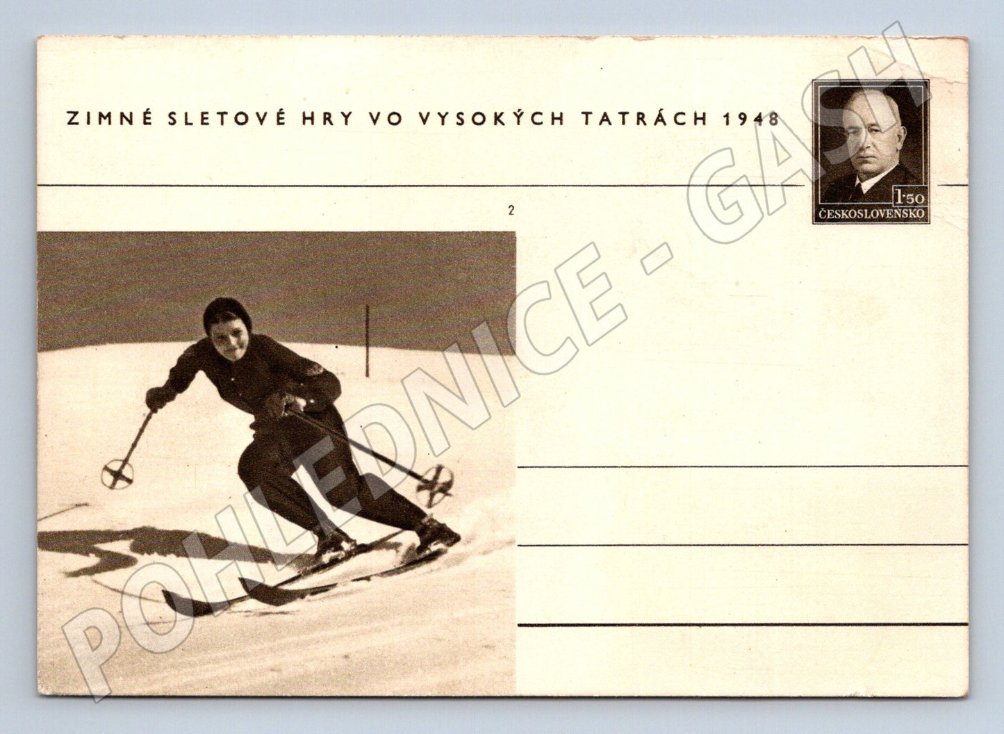 Pohlednice Slovensko Vysoké Tatry lyžařka 1948 (M32749)