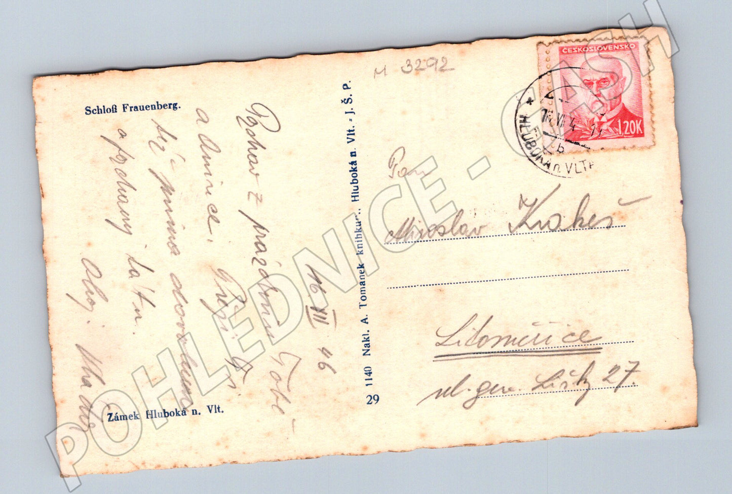 Pohlednice Hluboká nad Vltavou zámek 1946 (M3292)