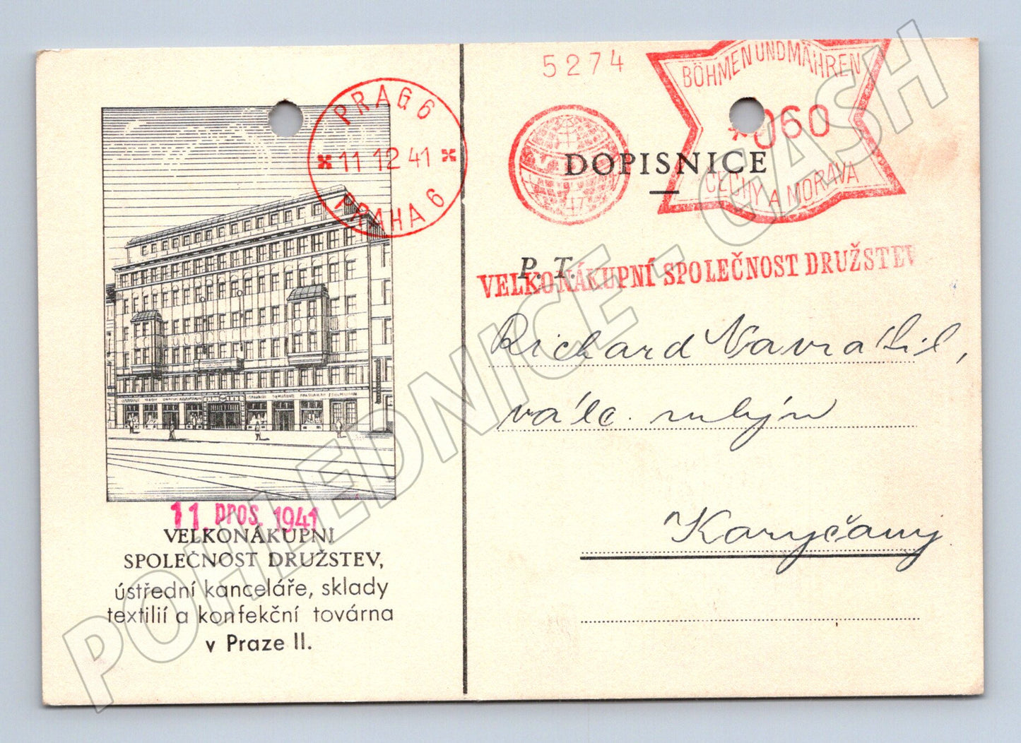 Pohlednice Praha Velkonákupní společnost družstev 1941 (M32930)