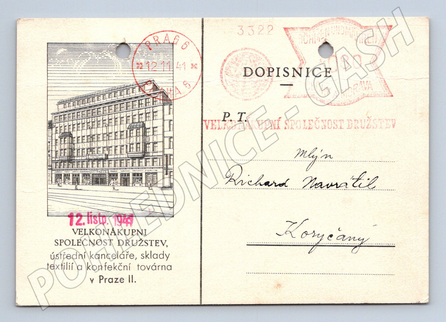 Pohlednice Praha Velkonákupní společnost družstev 1941 (M32931)