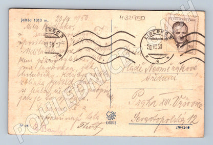 Pohlednice Ještěd s hotelem a vysílačem 1950 (M32950)